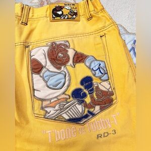Y2K RAW BLUE Yellow Embroidered “T-Bone vs Tubby-T” Cargo Jorts (42x13)